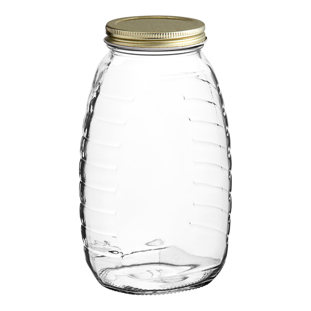 24 oz. (32 oz. Honey Weight) Classic Queenline Glass Honey Jar with Plastisol-Lined Gold Metal Lid - 96/Case