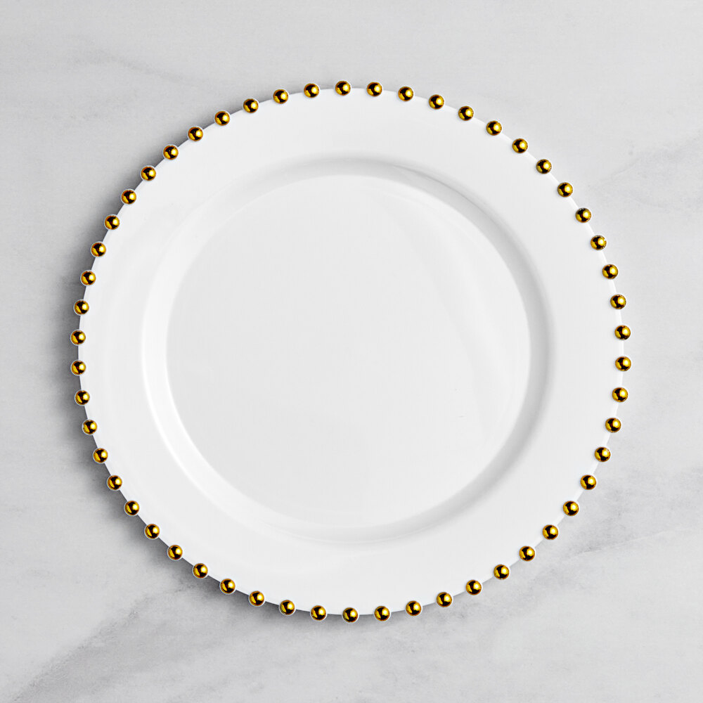 Visions Beaded 9" White Round Plastic Plate with Gold Beaded Rim - 12/Sample