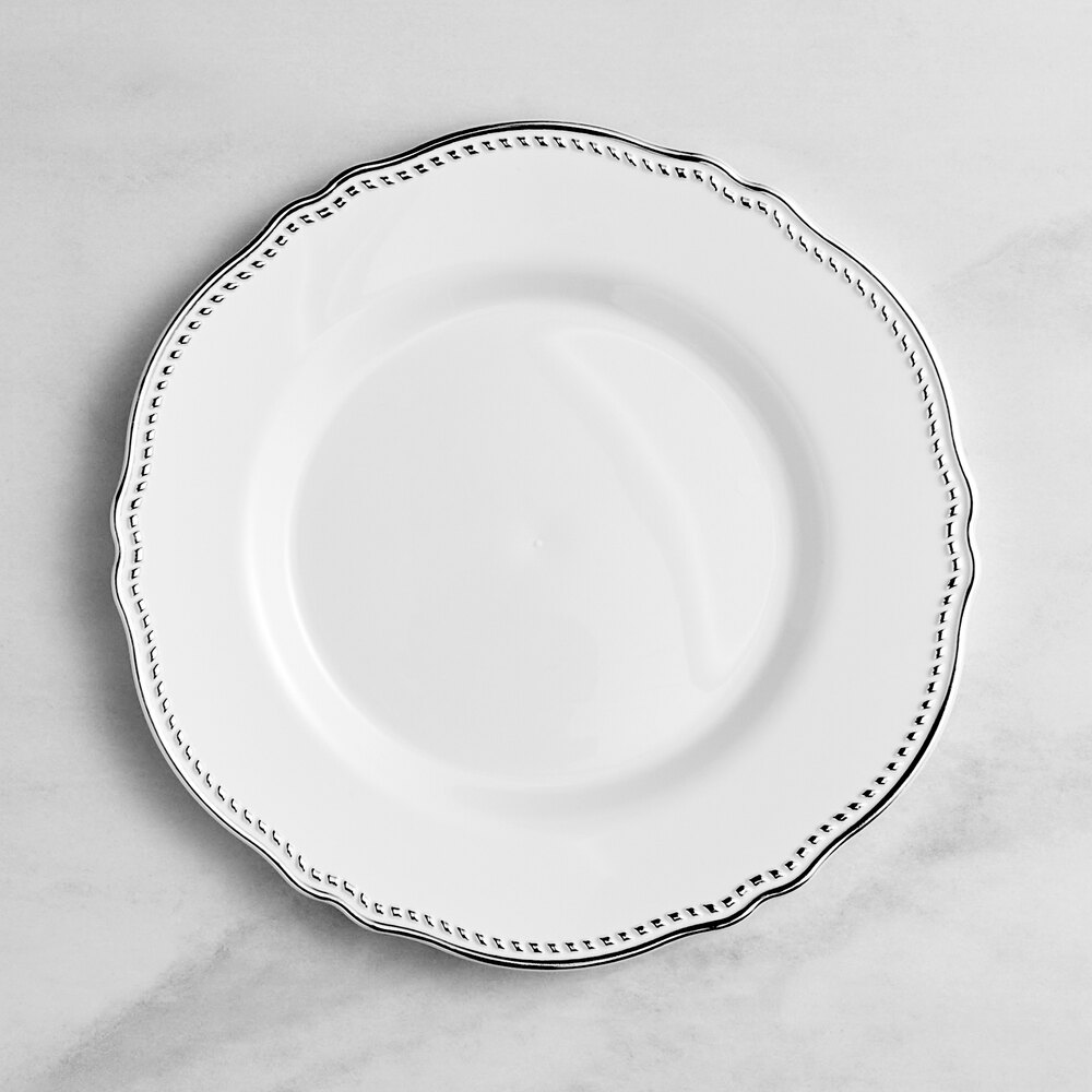 Visions Heirloom 9" White Round Plastic Plate with Silver Vintage Rim - 12/Sample