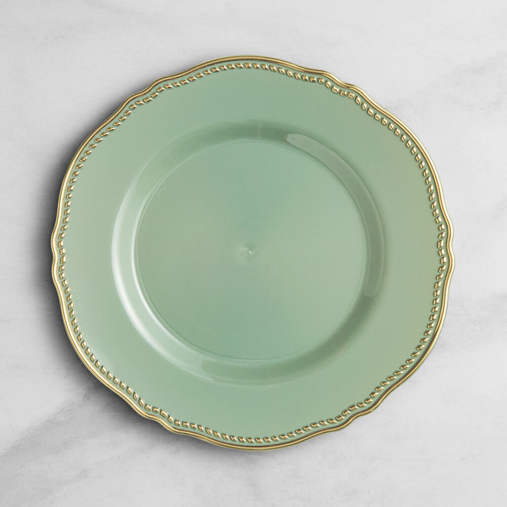 Visions Heirloom 9" Eucalyptus Round Plastic Plate with Gold Vintage Rim - 120/Case