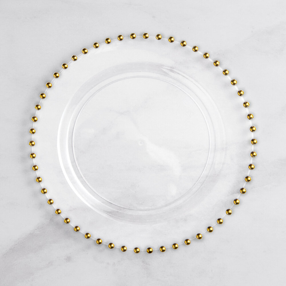Visions Beaded 9" Clear Round Plastic Plate with Gold Beaded Rim - 12/Sample