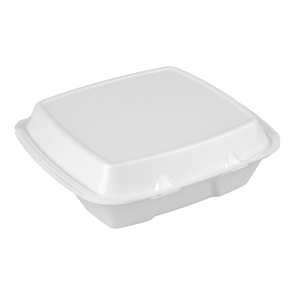 Dart 90HTPF3R 9" x 9" x 3" White Foam Three-Compartment Square Take Out Container with Hinged Lid - 200/Case