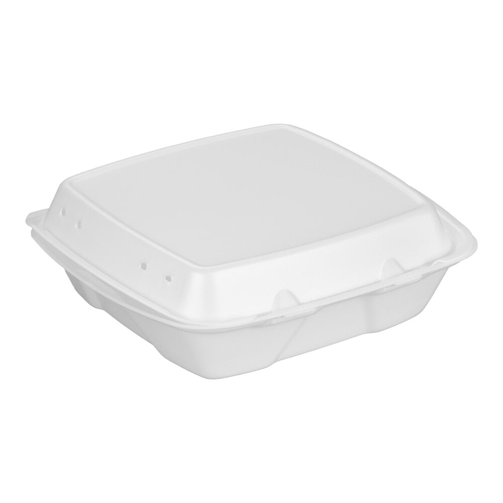 Dart 90HTPF1VR 9" x 9" x 3" White Foam Square Vented Take Out Container with Perforated Hinged Lid - 200/Case