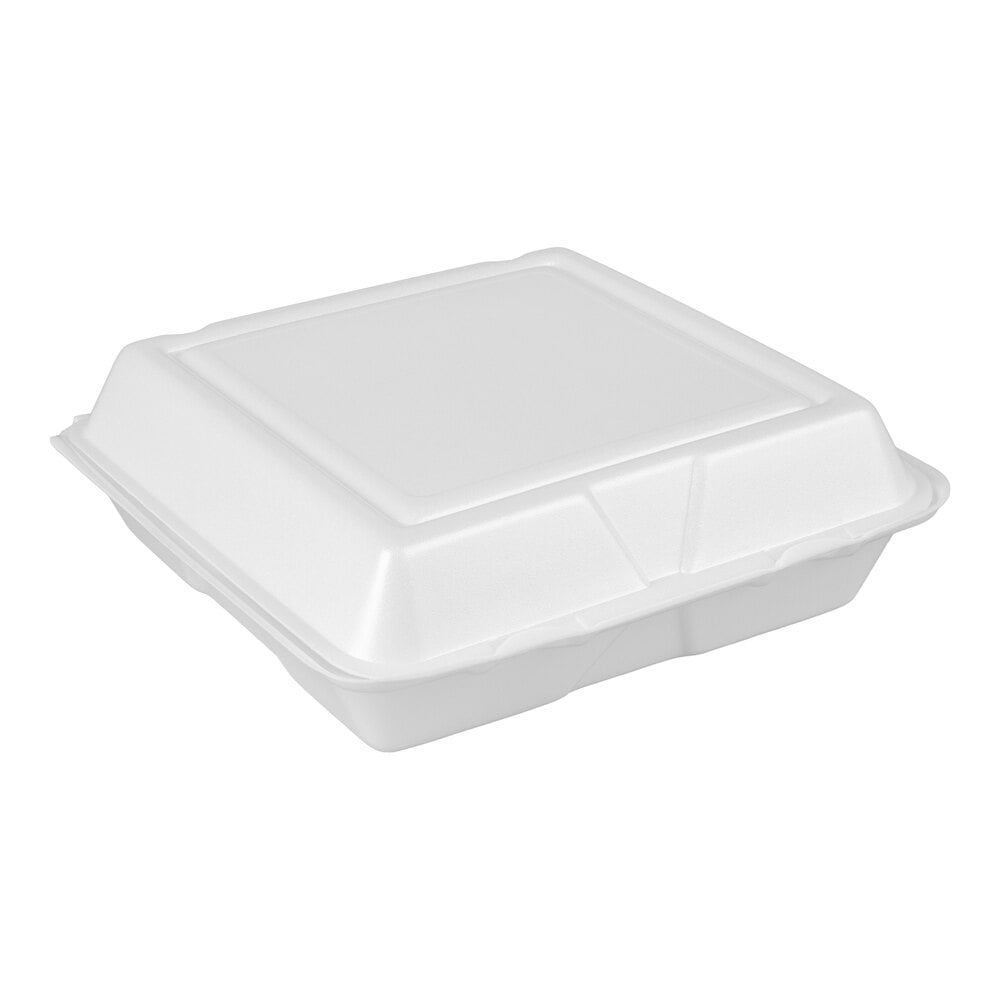Dart 95HT1R 9 1/2" x 9" x 3" White Foam Square Take Out Container with Hinged Lid - 200/Case