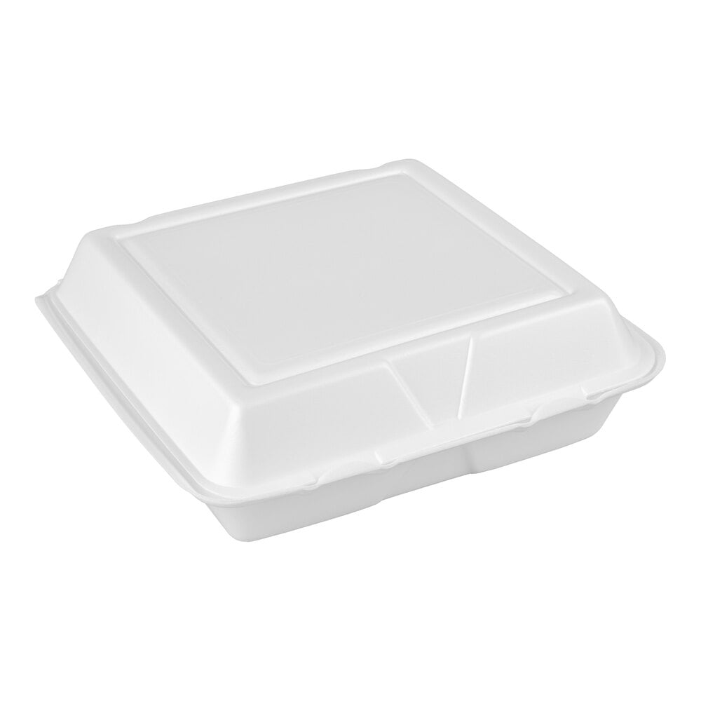 Dart 95HT3R 9 1/2" x 9" x 3" White Foam Three-Compartment Square Take Out Container with Hinged Lid - 200/Case