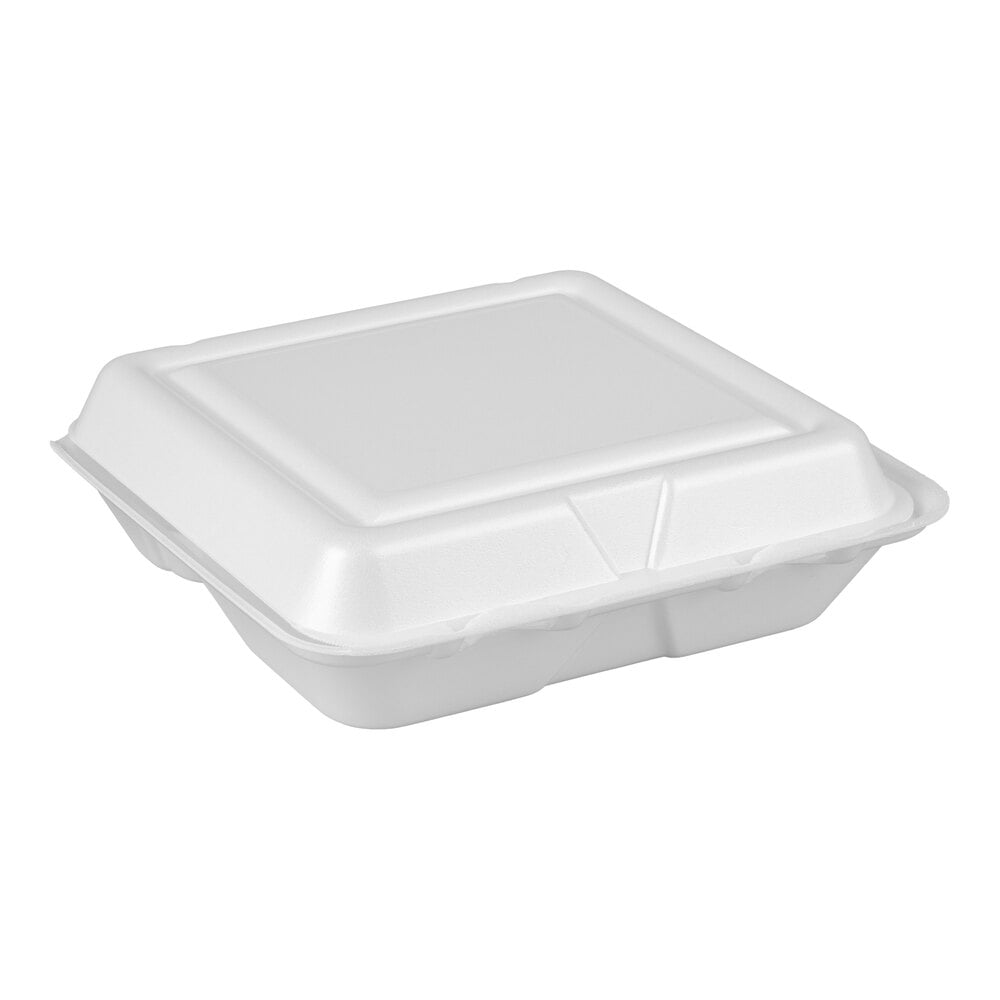 Dart 80HT3R 8" x 7 1/2" x 2" White Foam Three-Compartment Square Take Out Container with Hinged Lid - 200/Case