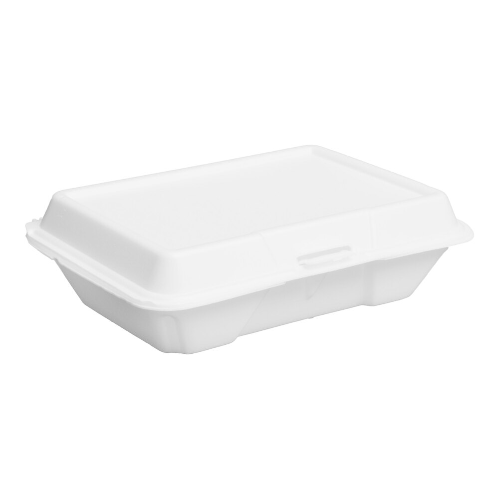 Dart 206HT1R 9" x 6" x 3" White Foam Shallow Rectangular Take Out Container with Perforated Hinged Lid - 200/Case