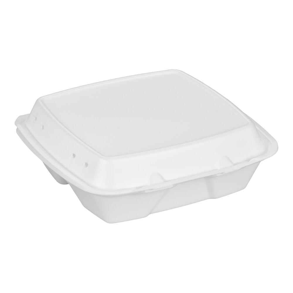 Dart 90HTPF3VR 9" x 9" x 3" White Foam Square Vented 3 Compartment Take Out Container with Perforated Hinged Lid - 200/Case