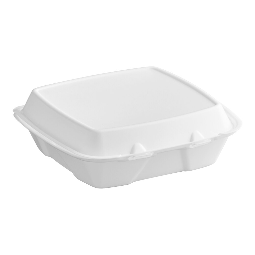 Dart 90HTPF1R White Foam Square Take Out Container with Hinged Lid 9" x 9" x 3" - 200/Case
