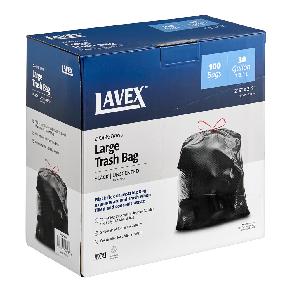 Lavex 30 Gallon 1.1 Mil 30" x 33" Low-Density Medium-Duty Black Drawstring Can Liner / Trash Bag - 100/Case