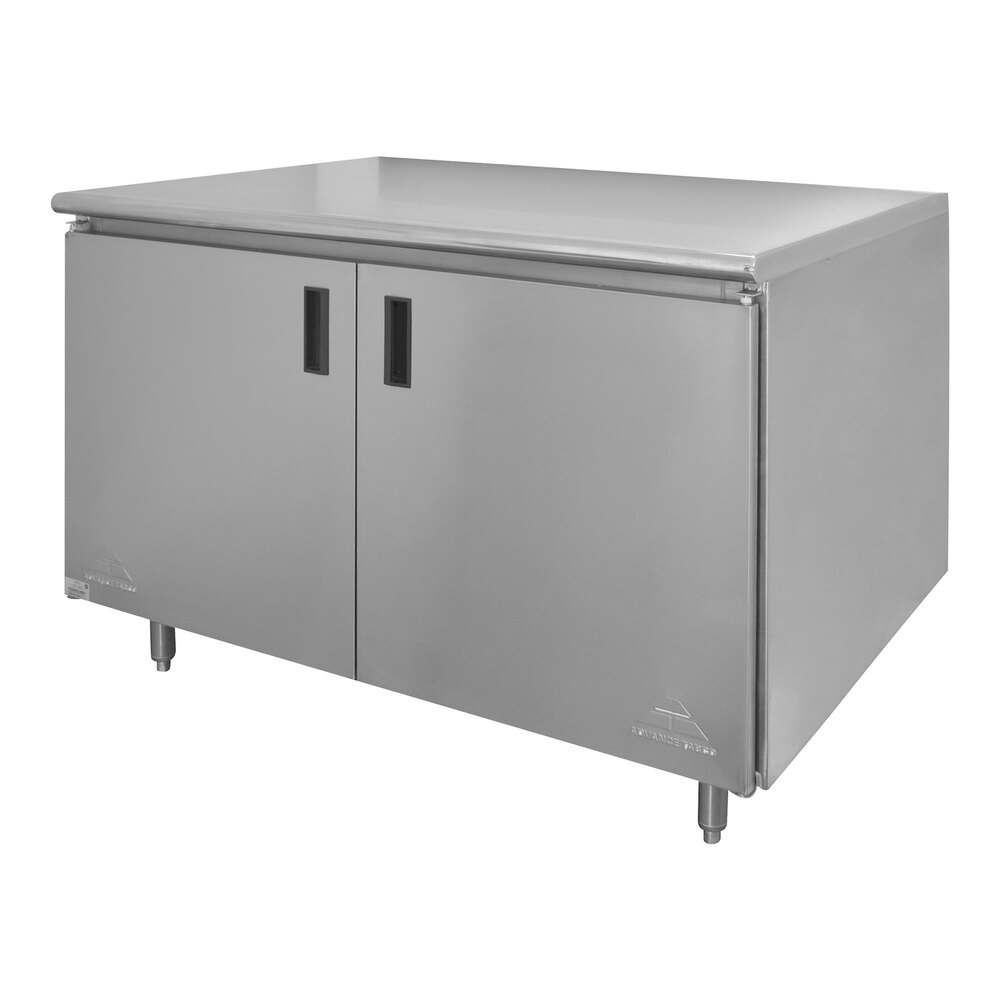 Advance Tabco HB-SS-364M 36" x 48" 14 Gauge Enclosed Base Stainless Steel Work Table with Hinged Doors and Fixed Midshelf