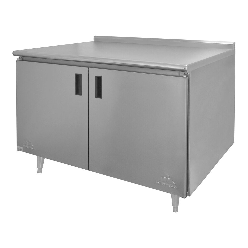 Advance Tabco HF-SS-363 36" x 36" 14 Gauge Enclosed Base Stainless Steel Work Table with Hinged Doors and 1 1/2" Backsplash