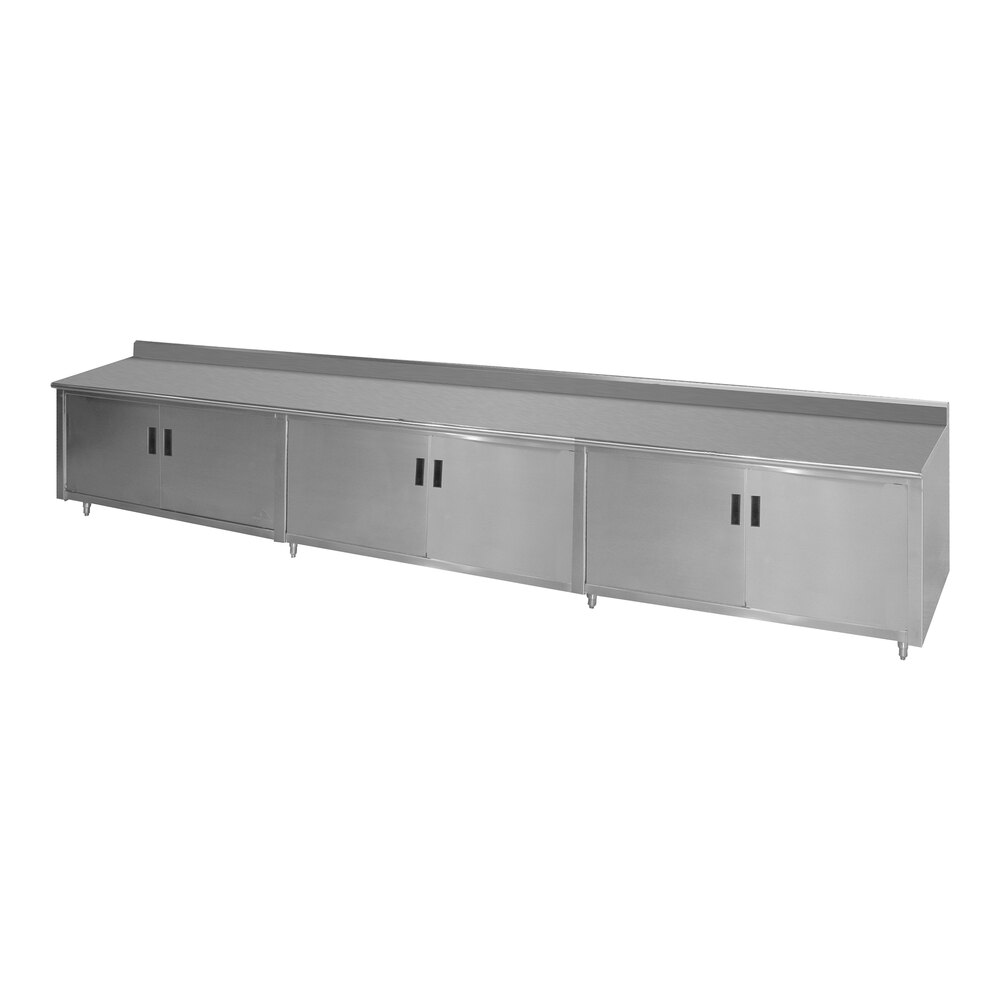 Advance Tabco HK-SS-2412M 24" x 144" 14 Gauge Enclosed Base Stainless Steel Work Table with Fixed Midshelf and 5" Backsplash