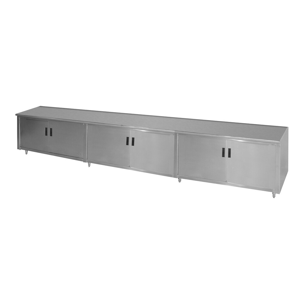 Advance Tabco HB-SS-2412M 24" x 144" 14 Gauge Enclosed Base Stainless Steel Work Table with Hinged Doors and Fixed Midshelf
