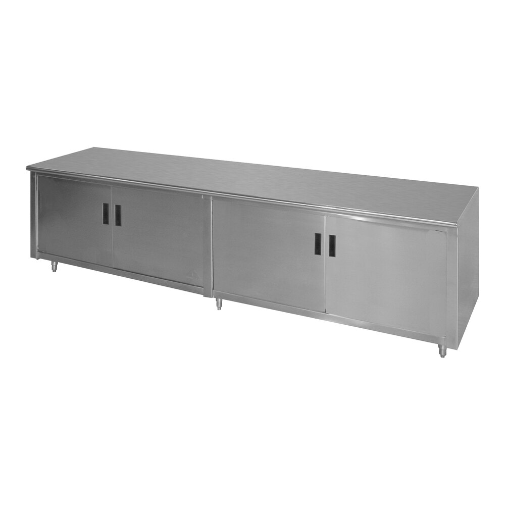 Advance Tabco HB-SS-246M 24" x 72" 14 Gauge Enclosed Base Stainless Steel Work Table with Hinged Doors and Fixed Midshelf