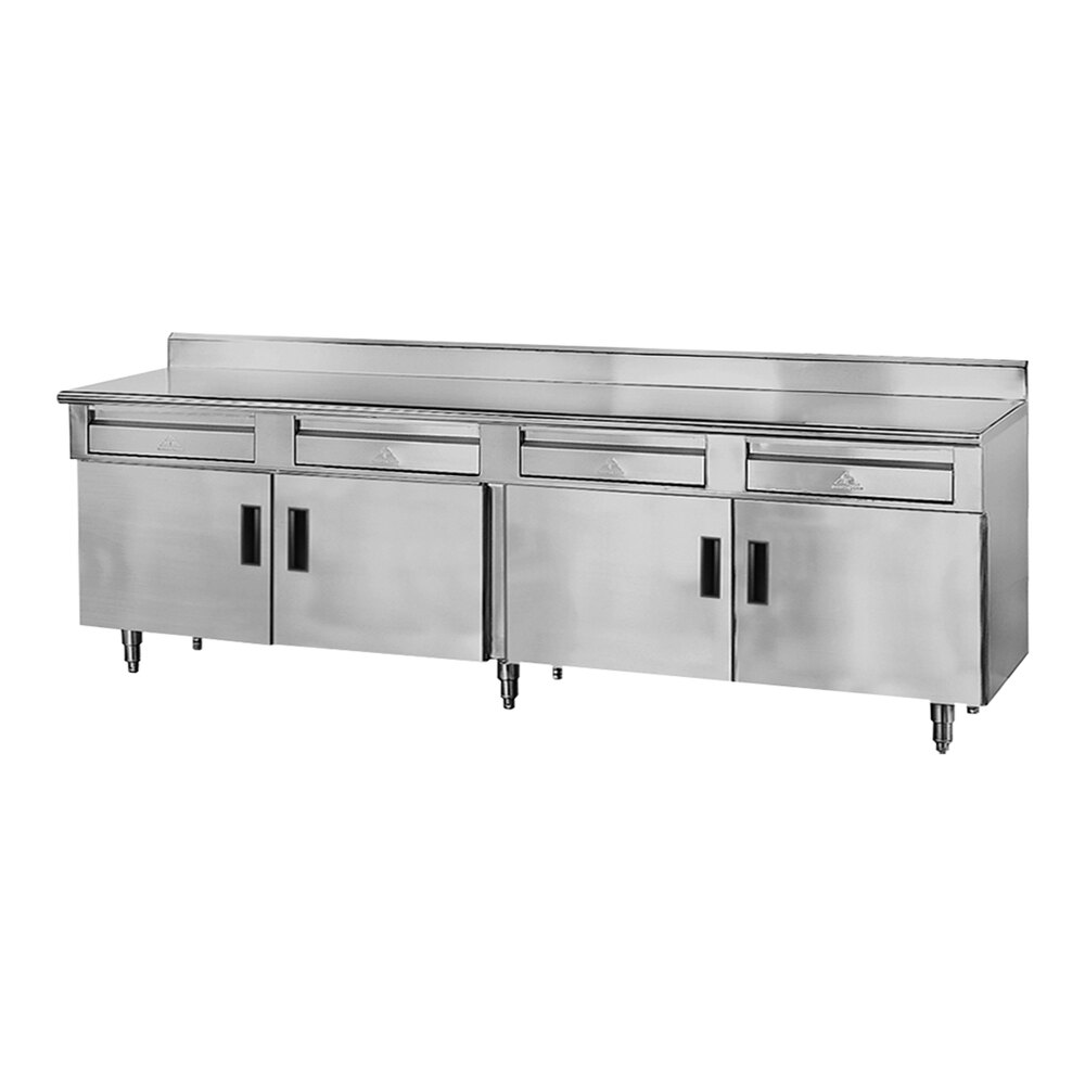 Advance Tabco HDRC-3010 30" x 120" 14 Gauge Enclosed Base Stainless Steel Work Table with 4 Drawers, 4 Hinged Doors and 5" Backsplash