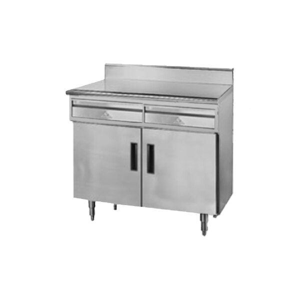 Advance Tabco HDRC-305 30" x 60" 14 Gauge Enclosed Base Stainless Steel Work Table with 2 Drawers, 2 Hinged Doors and 5" Backsplash