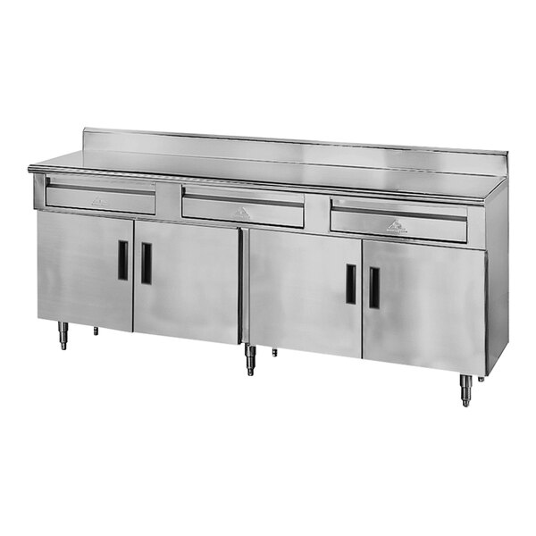 Advance Tabco HDRC-308 30" x 96" 14 Gauge Enclosed Base Stainless Steel Work Table with 3 Drawers, 4 Hinged Doors and 5" Backsplash