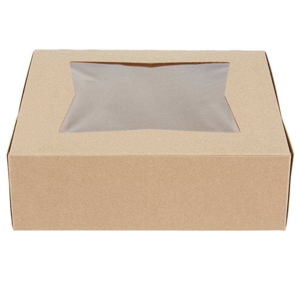 8" x 8" x 2 1/2" Kraft Customizable Auto-Popup Window Bakery Box - 10/Pack