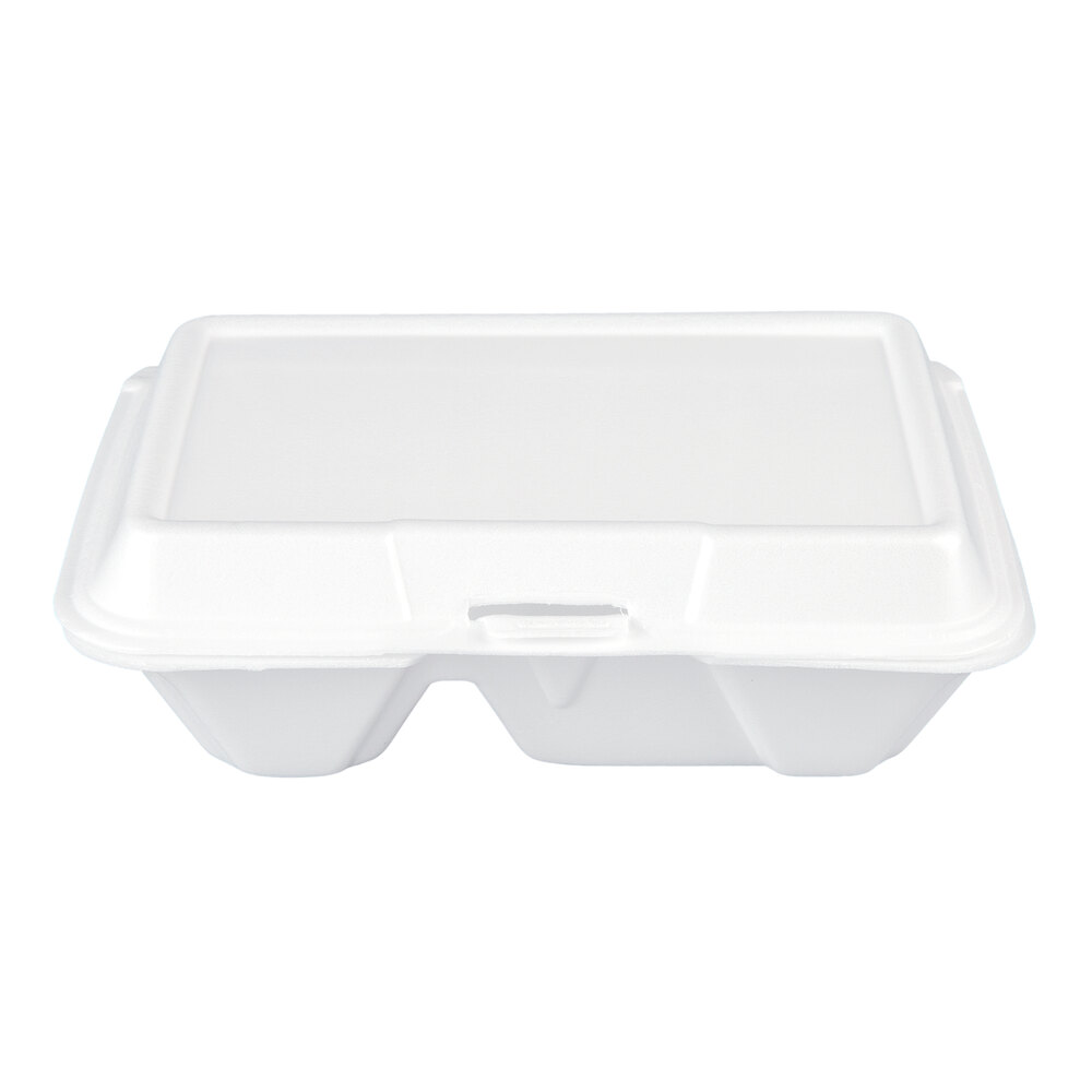 Dart 205HT2 9" x 6" x 3" White Foam 2 Compartment Take Out Container with Perforated Hinged Lid - 200/Case