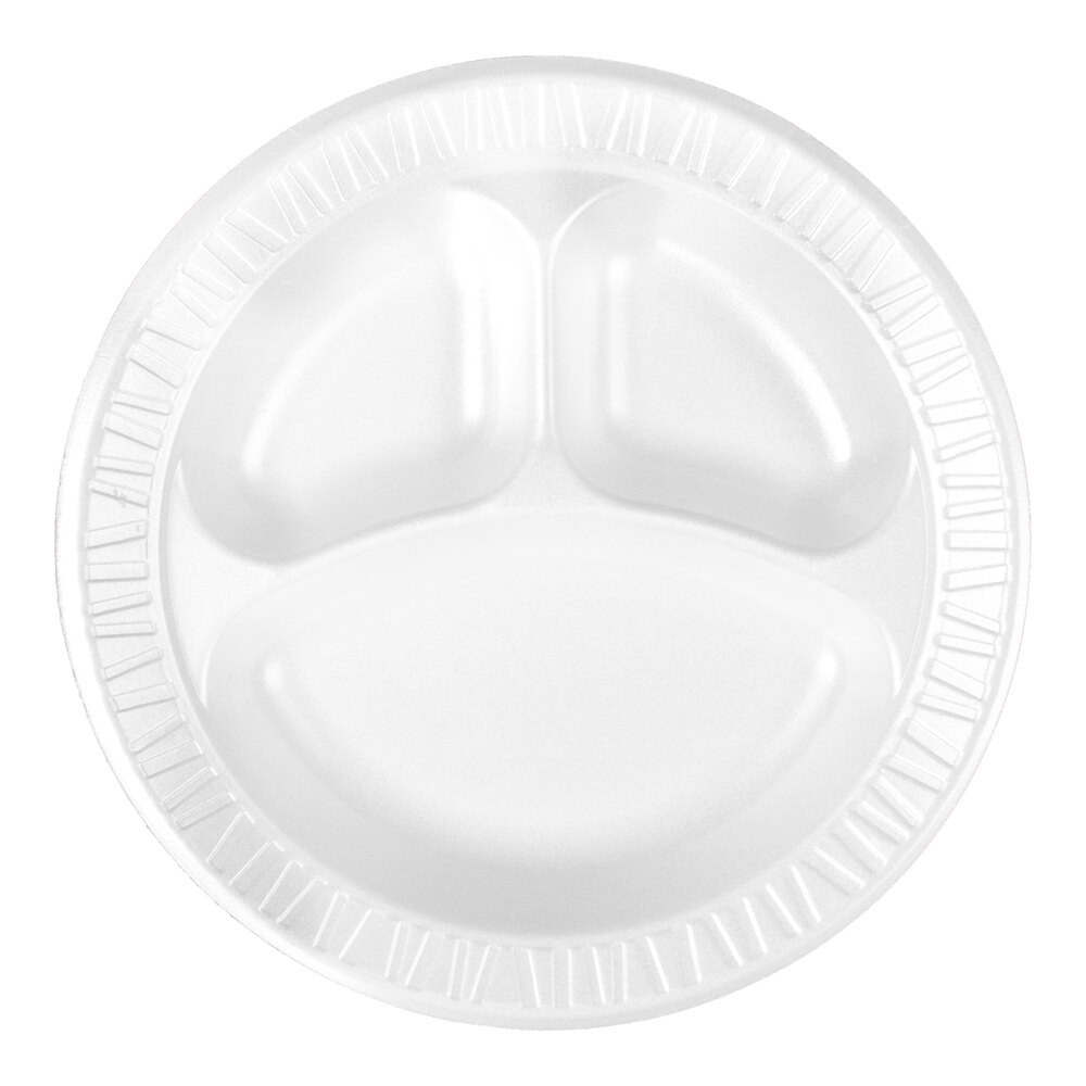 Dart 10CPWCR Concorde 10 1/4" 3 Compartment White Non-Laminated Round Foam Plate - 500/Case