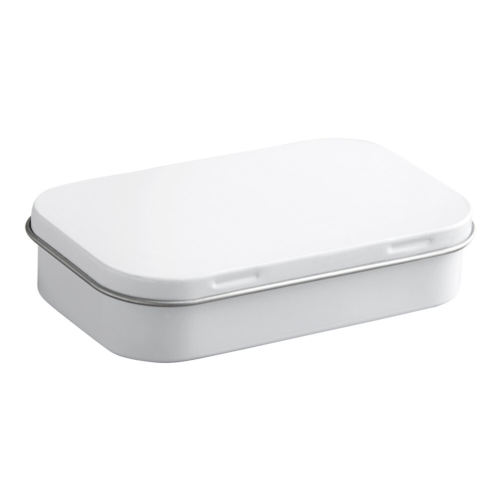 3 11/16" x 2 1/4" x 13/16" White Rectangular Tin with Hinged Lid - 200/Case