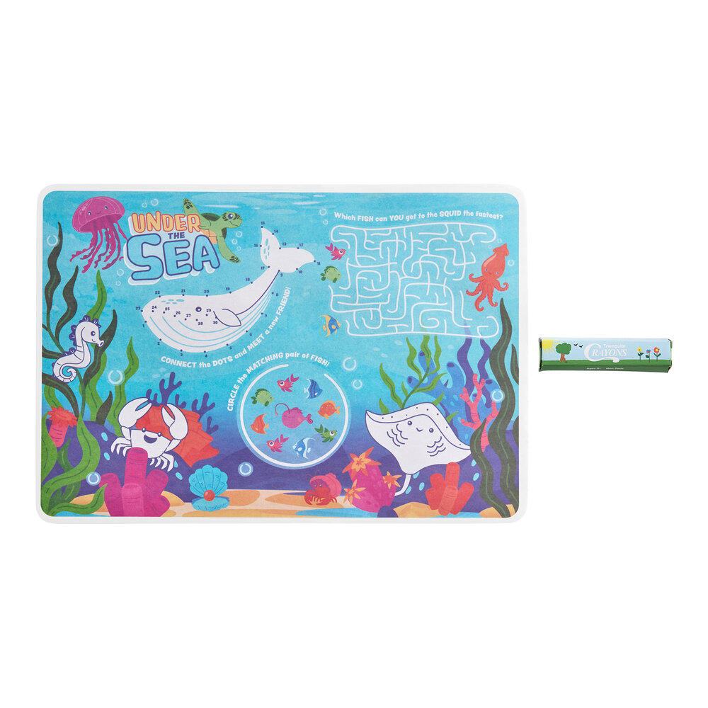 Choice 10" x 14" Kids Under the Sea Themed Interactive Placemat with 3 Pack Triangular Kids' Restaurant Crayons - 1,000/Case