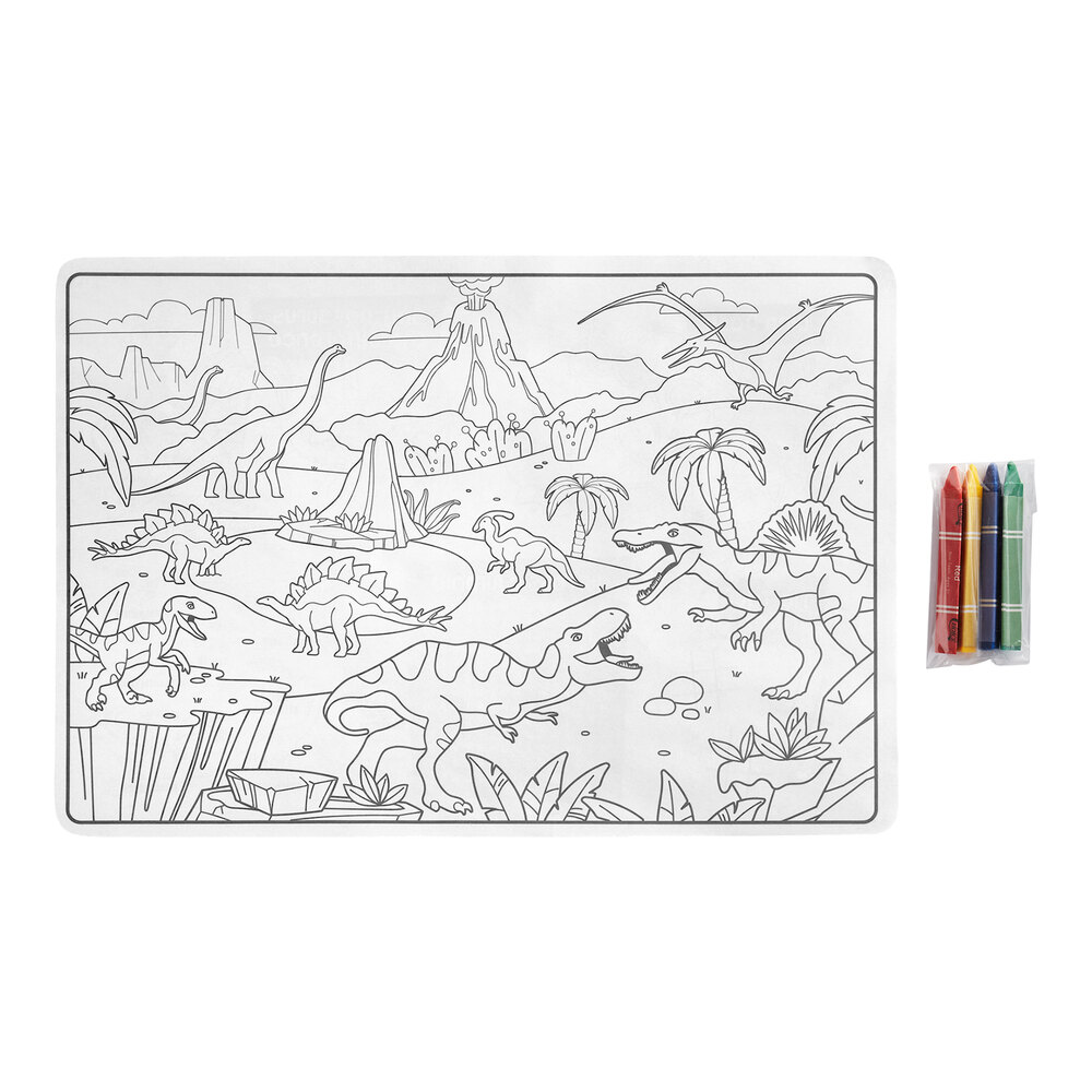 Choice 10" x 14" Kids Dinosaur Double Sided Interactive Placemat with 3 Pack Triangular Kids' Restaurant Crayons in Cello Wrap - 1,000/Case
