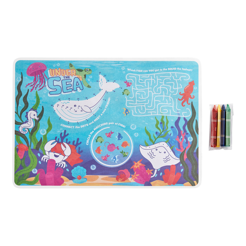 Choice 10" x 14" Kids Under the Sea Themed Interactive Placemat with 4 Pack Triangular Kids' Restaurant Crayons in Cello Wrap - 1,000/Case