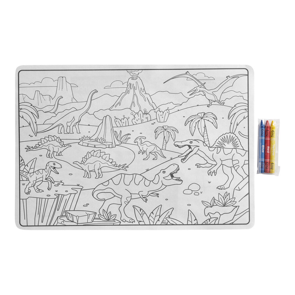 Choice 10" x 14" Kids Dinosaur Double Sided Interactive Placemat with 3 Pack Kids' Restaurant Crayons in Cello Wrap - 1,000/Case