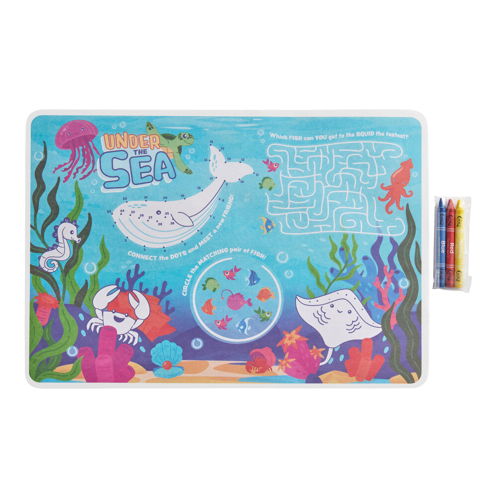Choice 10" x 14" Kids Under the Sea Themed Interactive Placemat with 3 Pack Kids' Restaurant Crayons in Cello Wrap - 1,000/Case