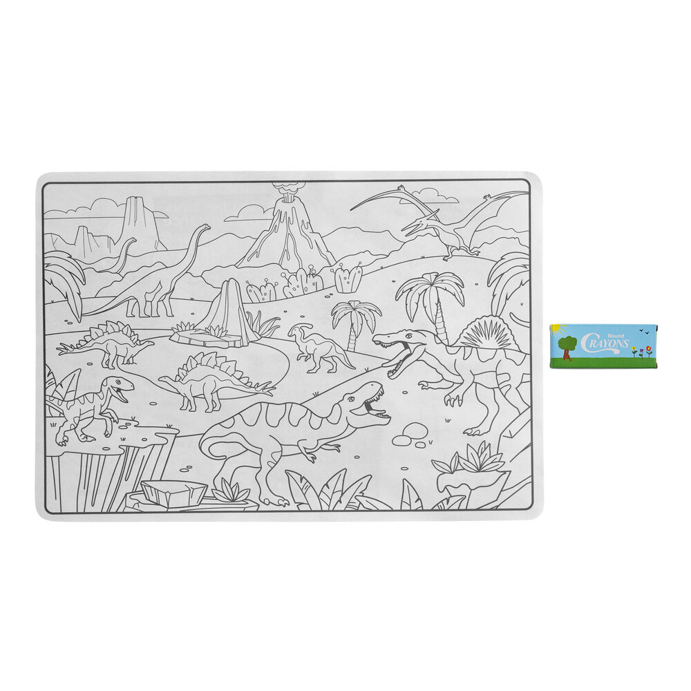 Choice 10" x 14" Kids Dinosaur Double Sided Interactive Placemat with 4 Pack Kids' Restaurant Crayons - 1,000/Case