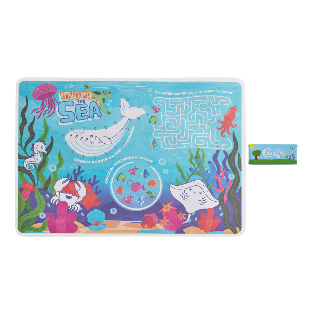 Choice 10" x 14" Kids Under the Sea Themed Interactive Placemat with 4 Pack Kids' Restaurant Crayons - 1,000/Case