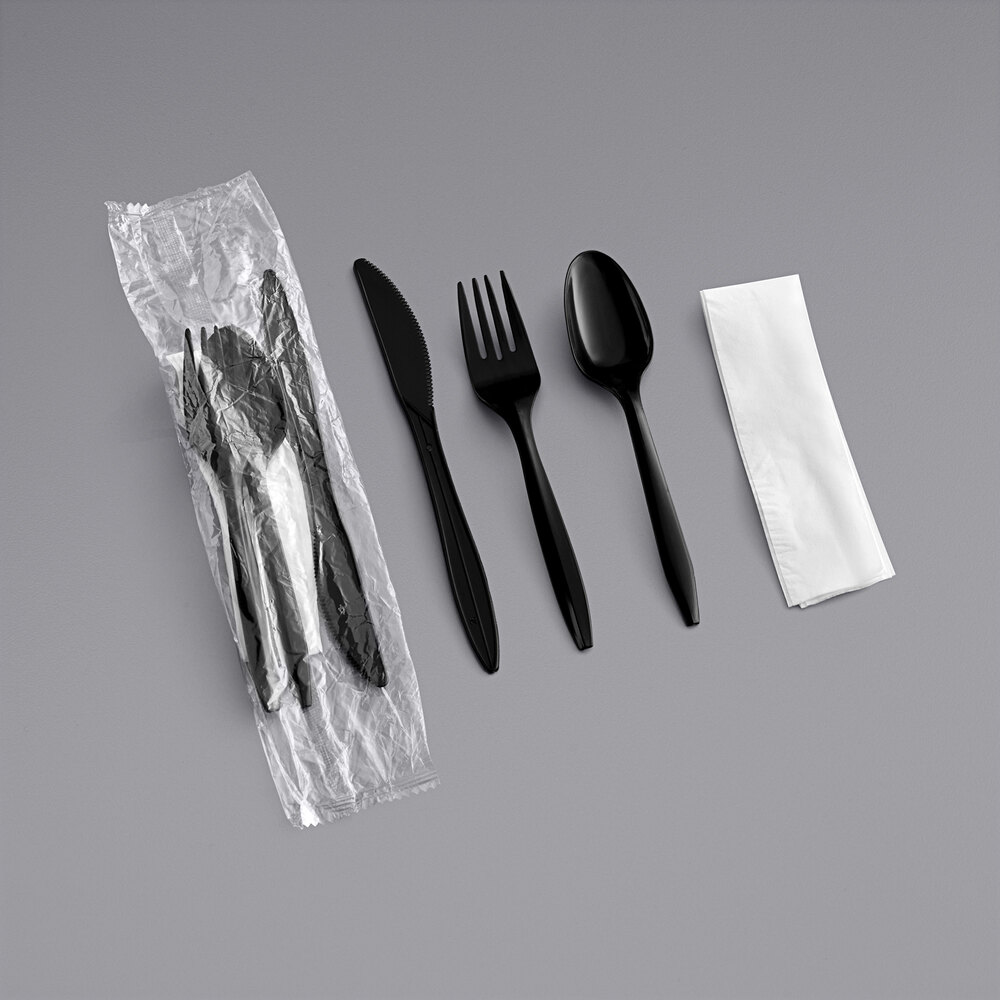 Choice Medium Weight Black Wrapped Polypropylene Plastic Cutlery Set with Napkin - 500/Case