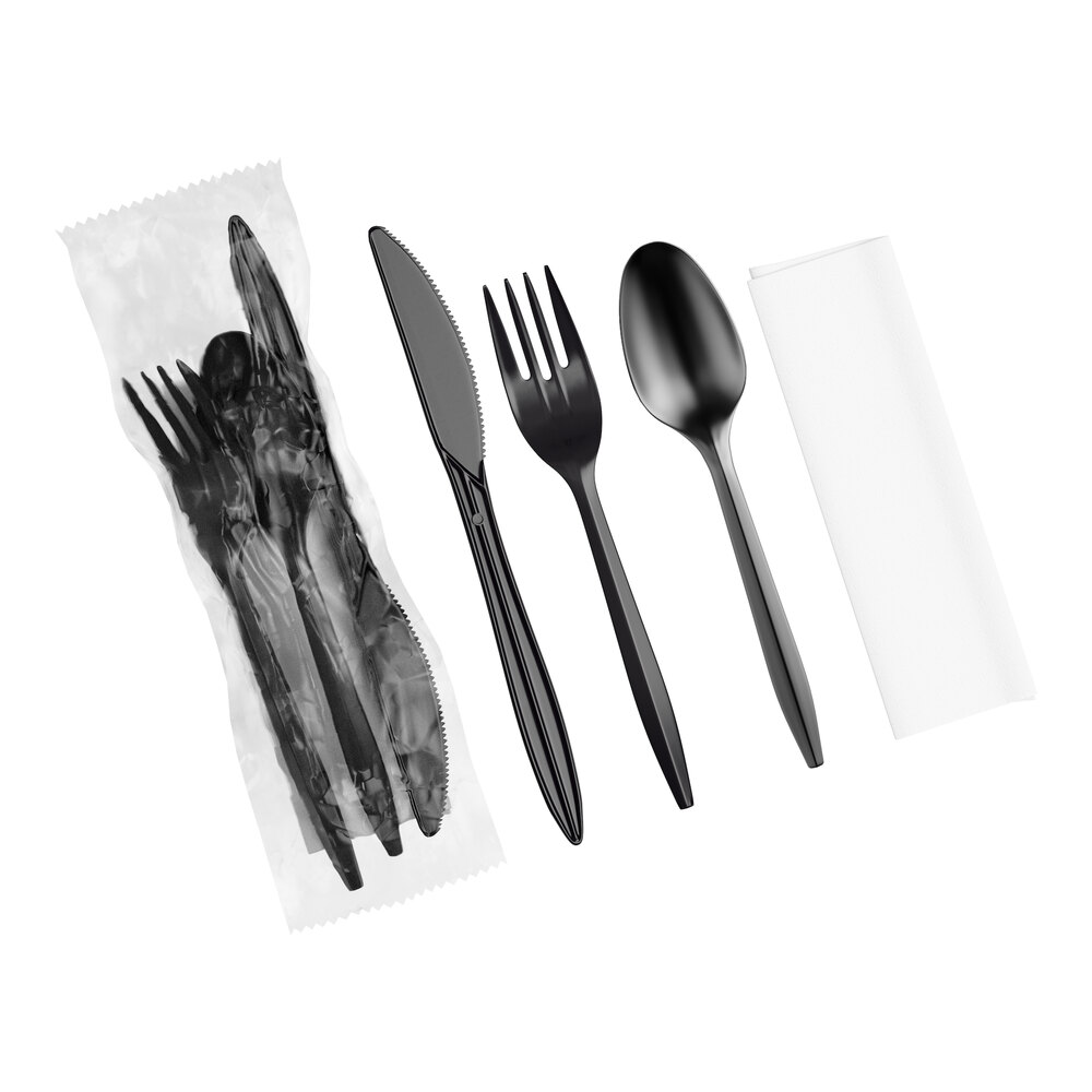 Choice Medium Weight Black Wrapped Polypropylene Plastic Cutlery Set with Napkin - 250/Case