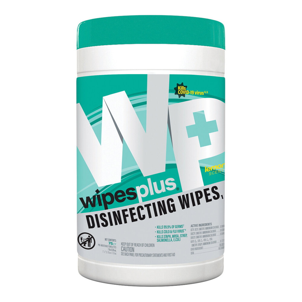 WipesPlus 8" x 7" 75 Count Lemon Scent Alcohol Free Surface Disinfecting Wipes - 6/Case