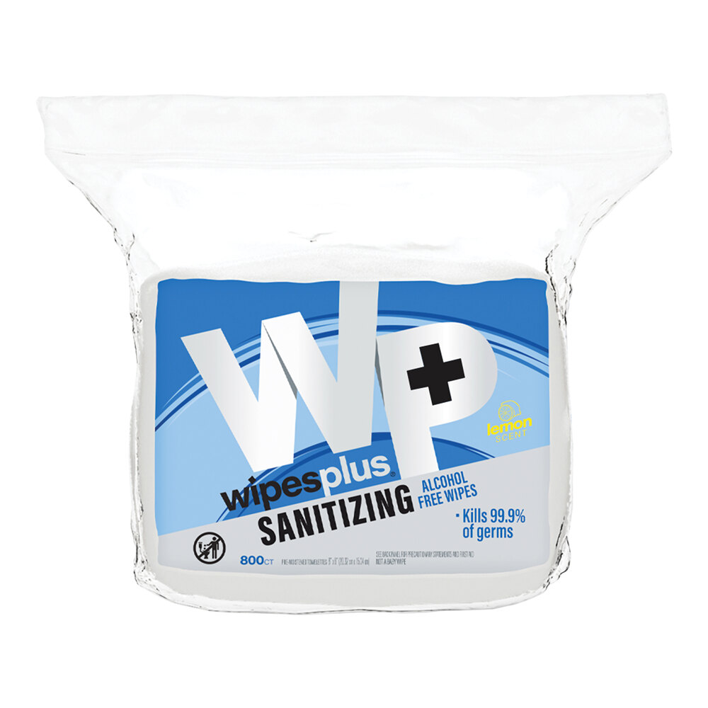 WipesPlus 6" x 8" 800-Count Lemon Scent Alcohol-Free Hand Sanitizing Wipes Refill Bag - 4/Case