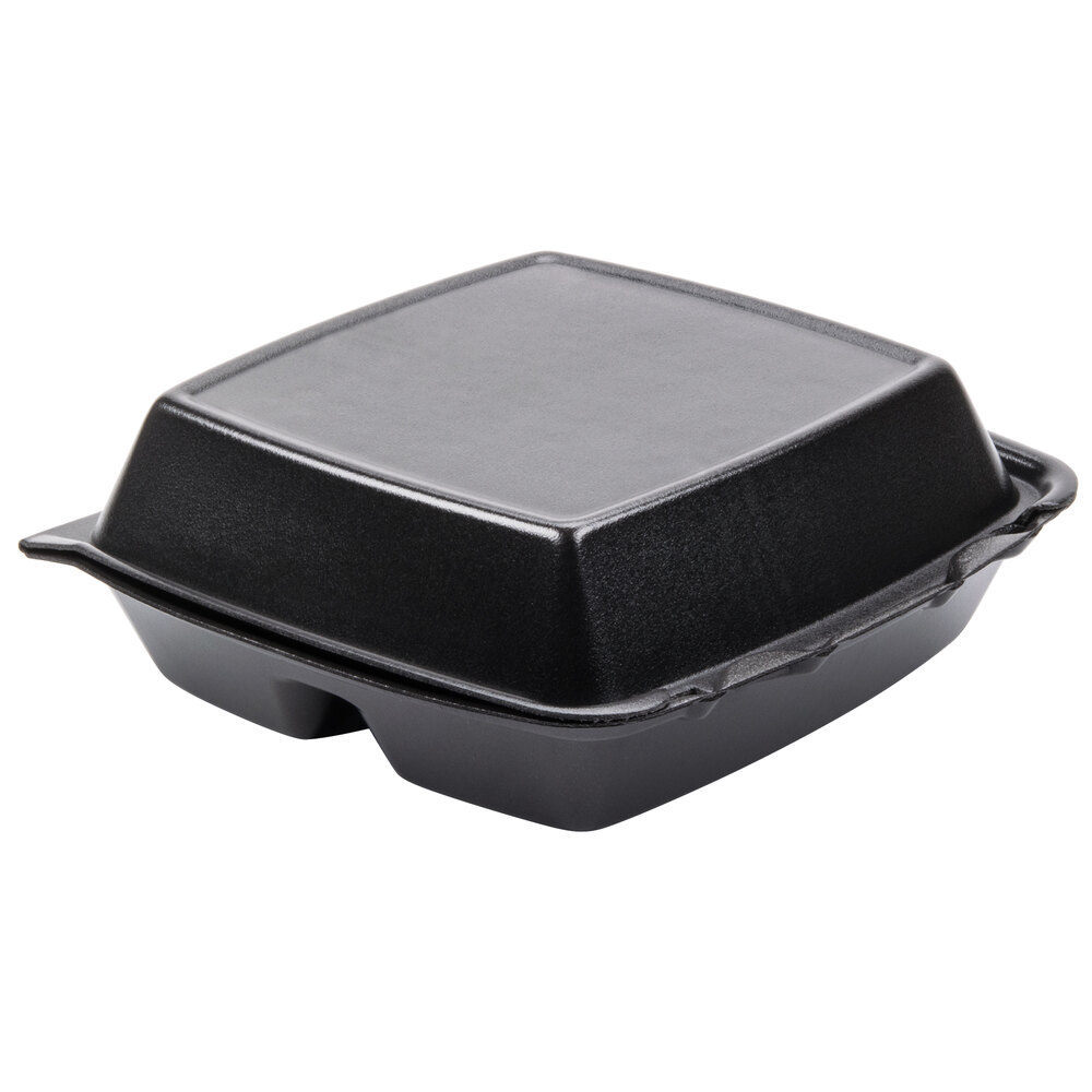 Dart 85HTB3R 8" x 8" x 3" Black Foam Three-Compartment Square Take Out Container with Perforated Hinged Lid - 200/Case